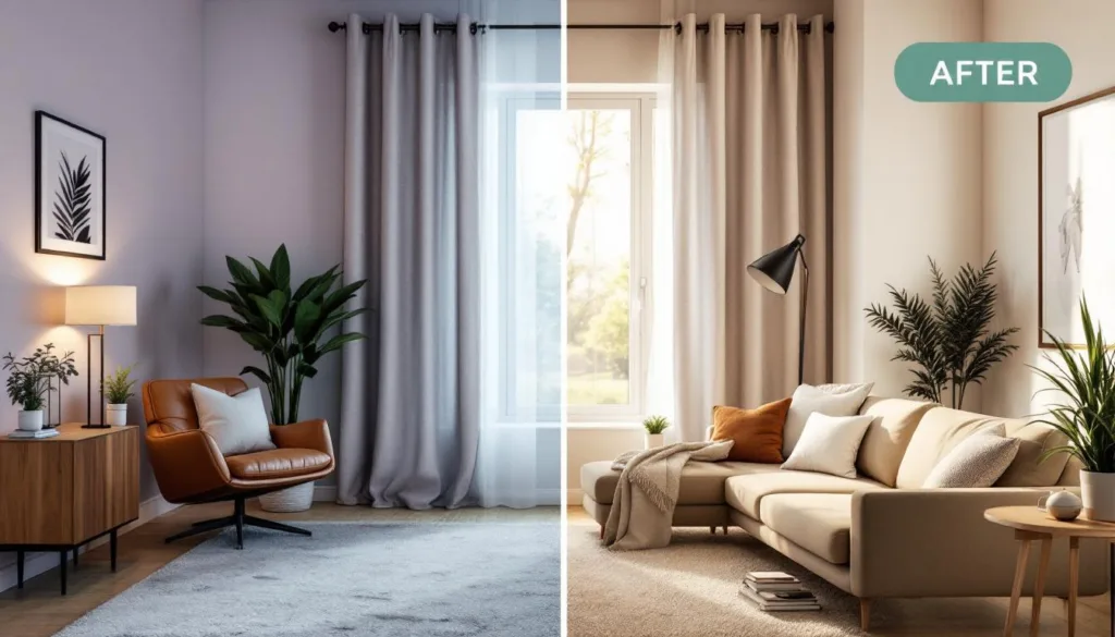 entdecken sie, wie ein einfacher vorhang ihr wohnzimmer in eine ganz neue atmosphäre verwandeln kann. stilvolle und schnelle veränderung leicht gemacht!