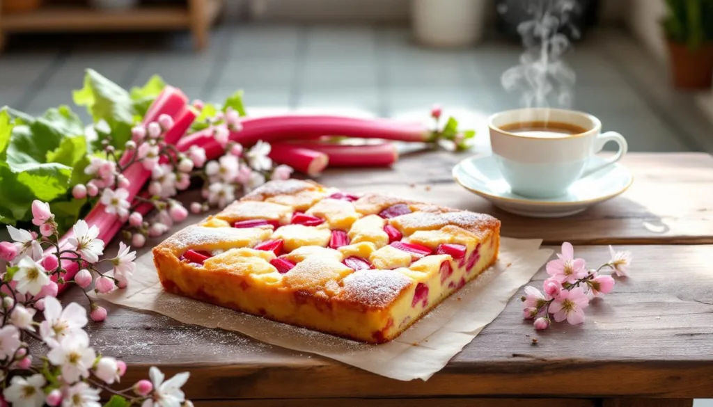 entdecken sie das einfache rhabarber-kuchen blech-rezept, das im april jede kaffeetafel mit frischem, fruchtigem geschmack bereichert.